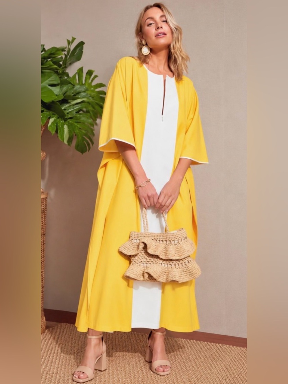 Tuckernuck Tencel Cotton Yellow White Kaftan Maxi Dress Sz XL/XXL Vacation Beach